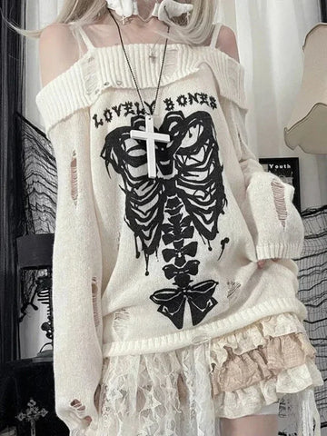 Getadme Y2k Harajuku Gothic Knitted Pullovers Women Japanese Fashion Sexy Skull Off The Shoulder Punk Girls Hole Loose Sweater